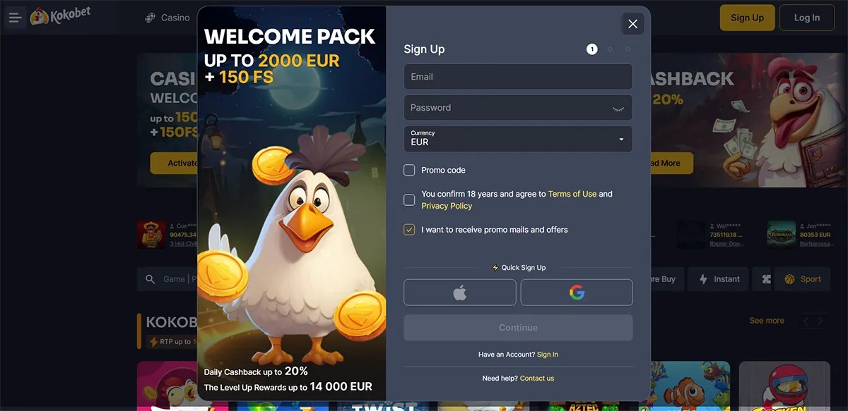 Casino sign-up popup showing a welcome pack offer up to €2,000 plus 150 free spins, with a cartoon chicken mascot holding coins and a registration form including email, password, currency selection, and quick sign-up options.
