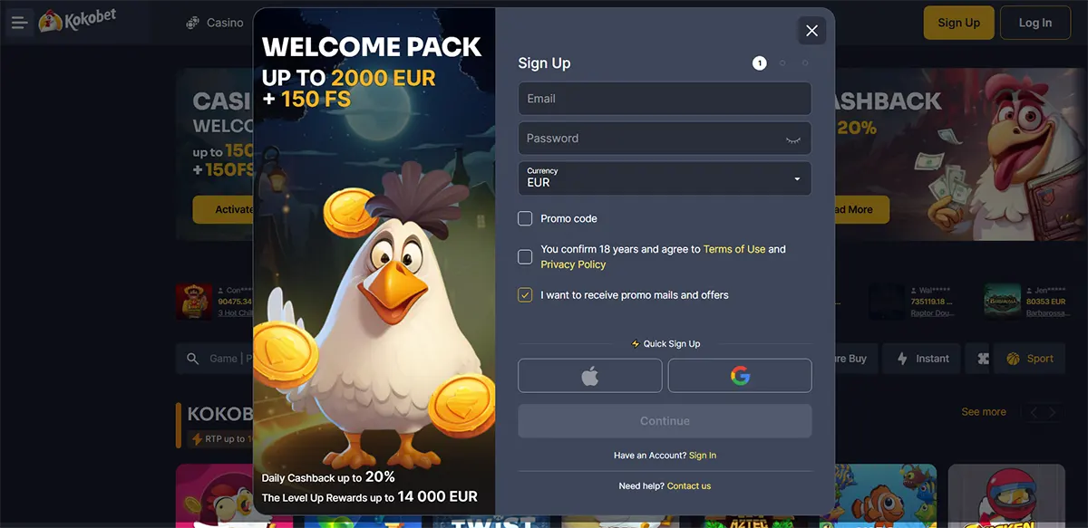 Casino sign-up popup showing a welcome pack offer up to €2,000 plus 150 free spins, with a cartoon chicken mascot holding coins and a registration form including email, password, currency selection, and quick sign-up options.