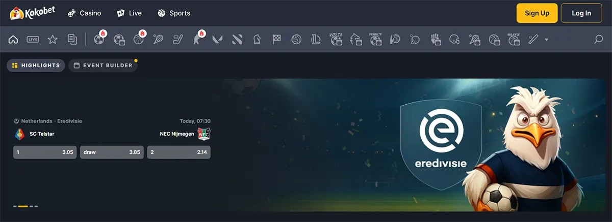 Kokobet sportsbook interface showing the Dutch Eredivisie section with a highlighted match between SC Telstar and NEC Nijmegen, betting odds displayed, and an Eredivisie banner featuring a football-themed eagle mascot.