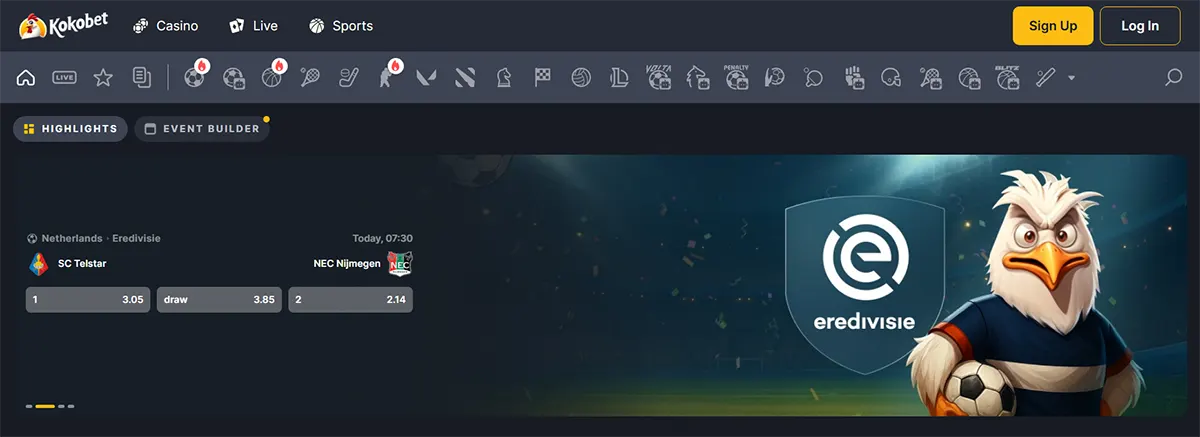 Kokobet sportsbook interface showing the Dutch Eredivisie section with a highlighted match between SC Telstar and NEC Nijmegen, betting odds displayed, and an Eredivisie banner featuring a football-themed eagle mascot.